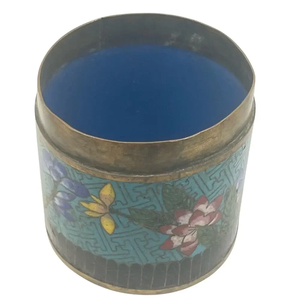 Pair of Antique Cloissone Enamel on Brass Floral Jars No Lids 19th Century